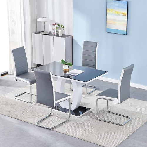 120cm Gloss Dining Table & 4 Grey White Chairs | Chrome Kitchen Set