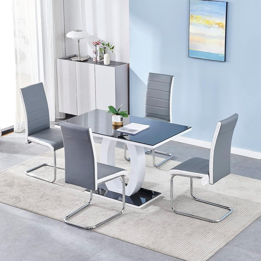 120cm Gloss Dining Table & 4 Grey White Chairs | Chrome Kitchen Set