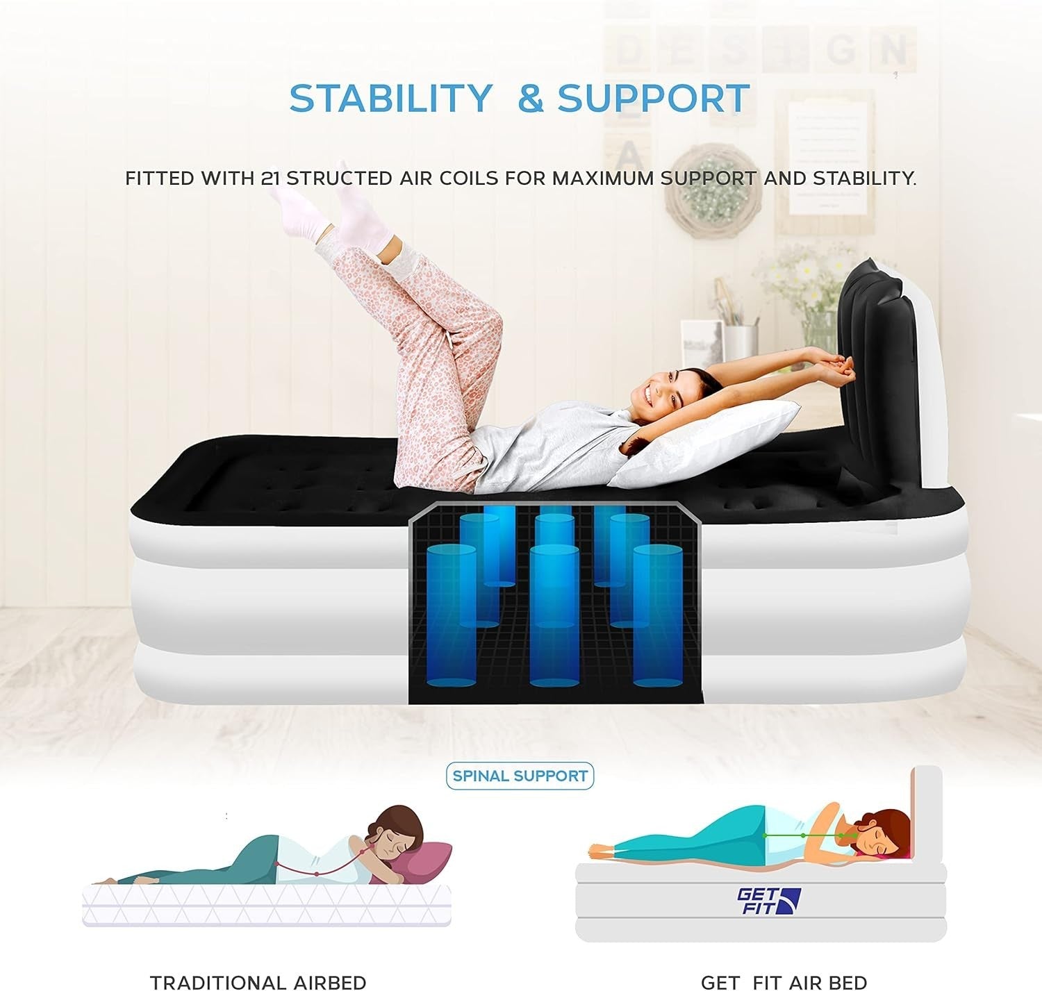 Single Air Mattress with Electric Pump & Headboard – 99x196cm Inflatable