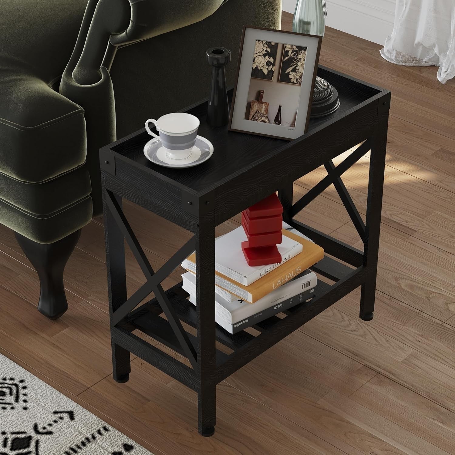 Narrow Black End Table with Storage Shelf – Compact Nightstand for Small Rooms