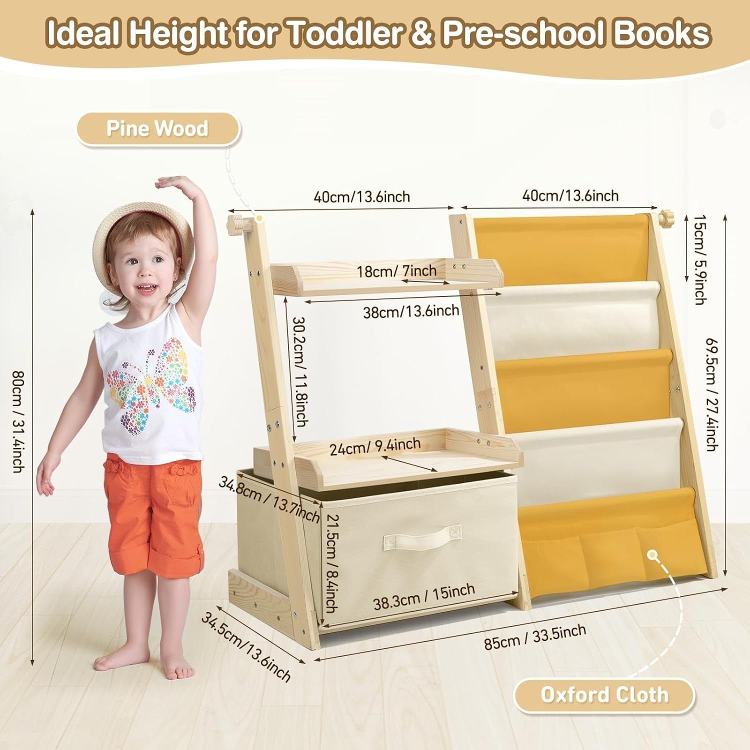 Yellow Kids Bookshelf & Toy Storage – 4-Tier Wooden Bookcase + Toy Chest