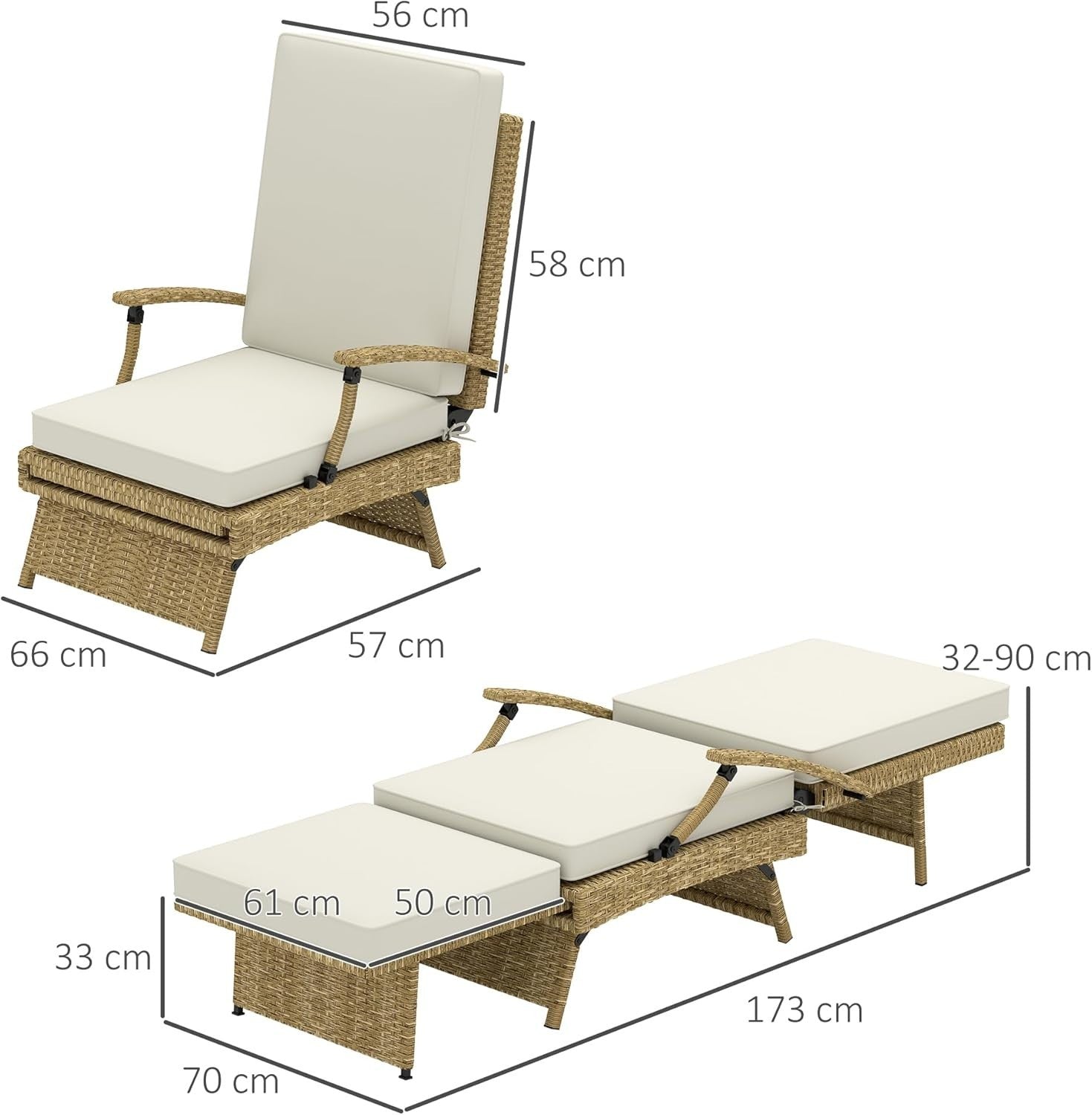Outdoor Rattan Recliner Chair with Cushion & Footrest Adjustable Garden Lounger