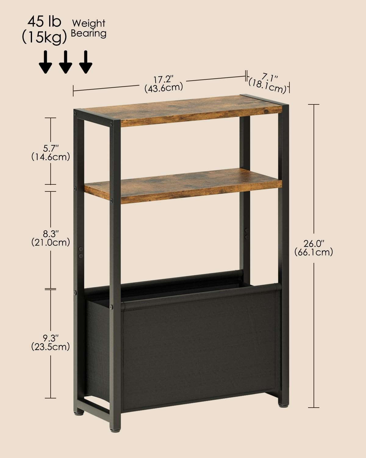 Slim Side Table with Storage Basket, Rustic Brown, Space-Saving Design