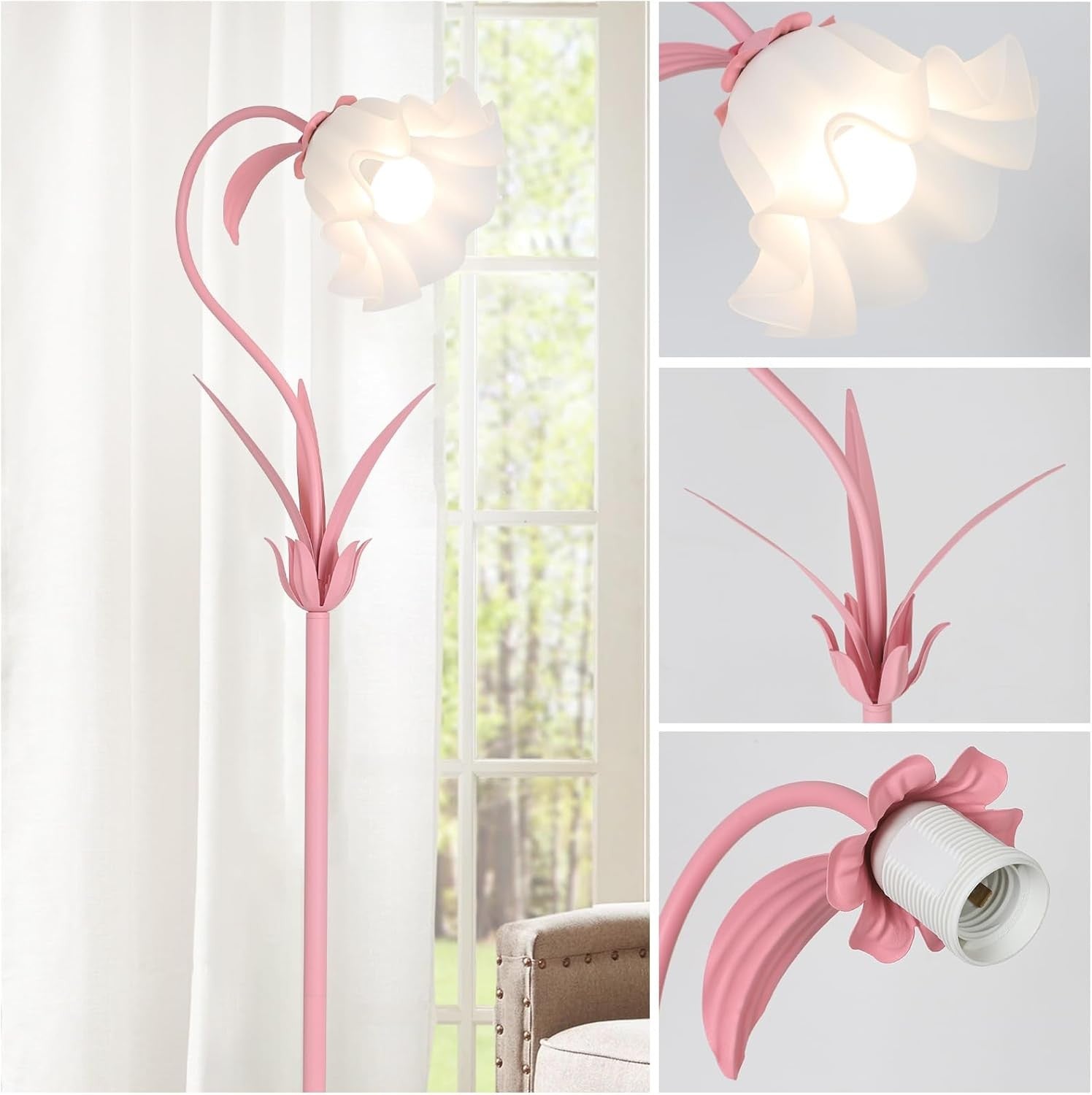 Pink Flower Floor Lamp Modern Standing Light Foot Switch Bedroom Living Room