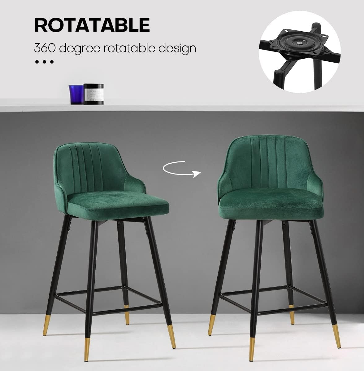 Green Velvet Swivel Bar Stools Set of 4 – Luxury Bar Height Chairs