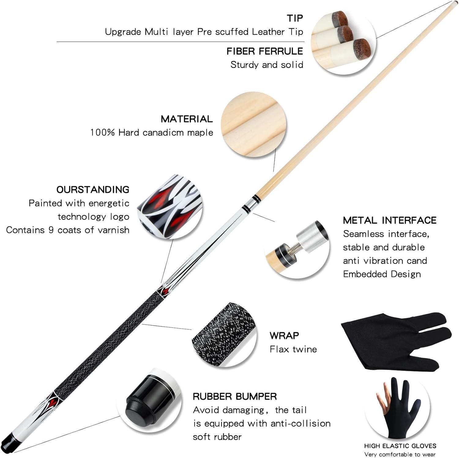 58in Maple Pool Cue 2pc Billiard Stick 20oz Pro Balance Smooth Control