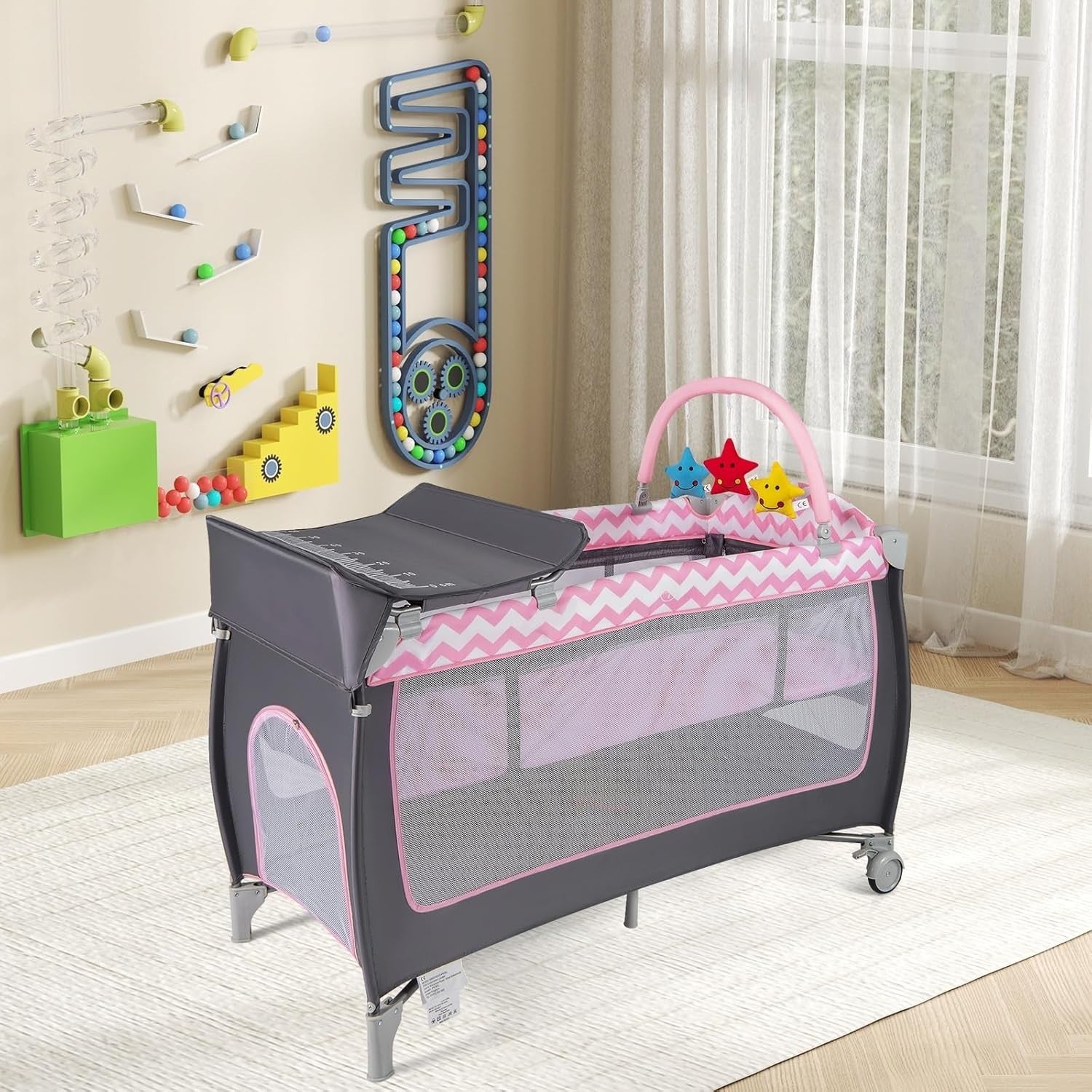 4in1 Baby Travel Cot Foldable Crib with Mattress, Changer & Storage Grey Pink