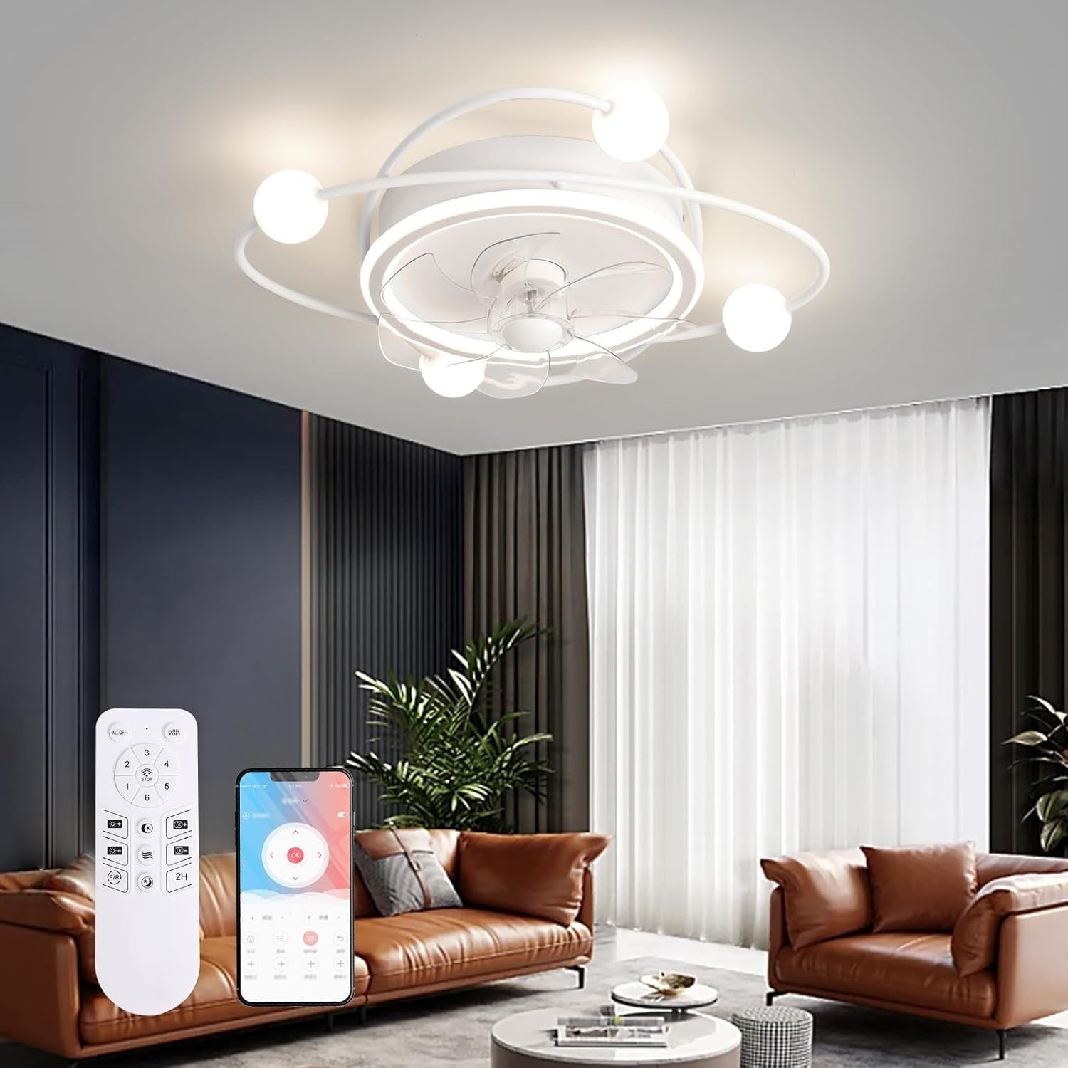 Modern 58CM Ceiling Fan with LED Light, 6-Speed, DC Motor, Remote & App