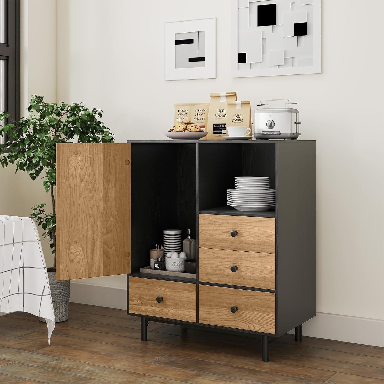 Modern 4 Drawer Sideboard Cabinet with Open Shelf & Anti-Tip Safety Black