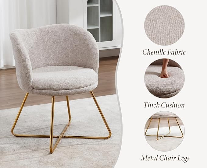 Chenille Accent Armchair Cocktail Chair Gold Metal Legs Beige