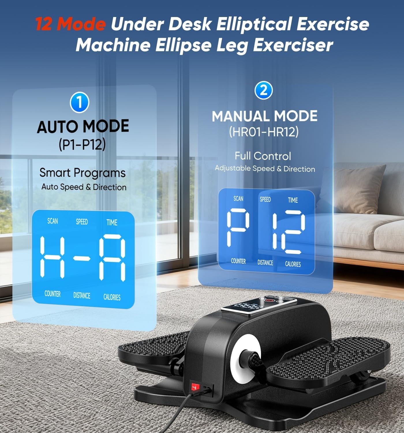 Under Desk Elliptical Pedal Exerciser Quiet Motorised Leg Trainer 12 Speed