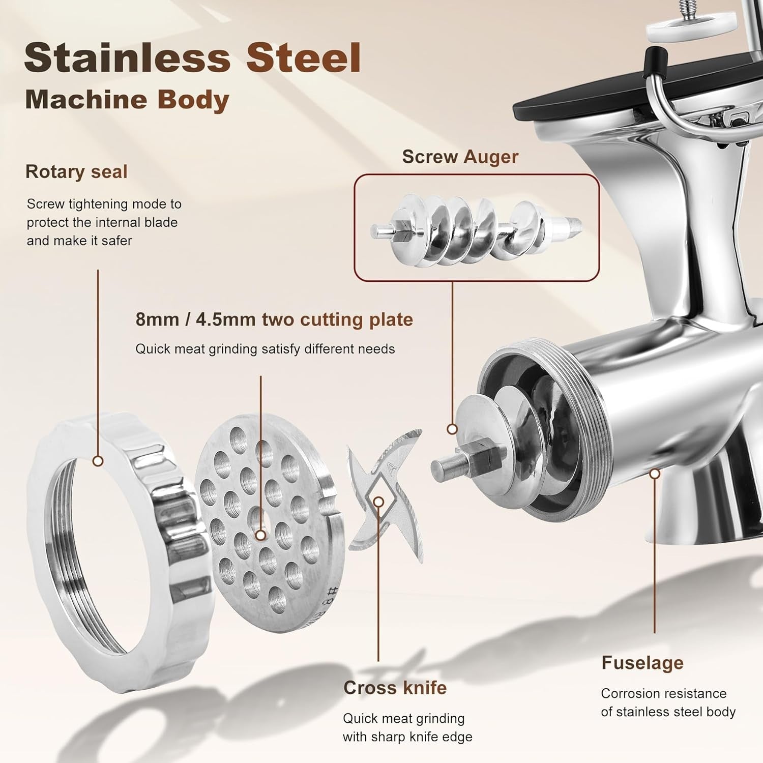 Stainless Steel Manual Meat Grinder Sausage Maker 4.5mm 8mm Plates