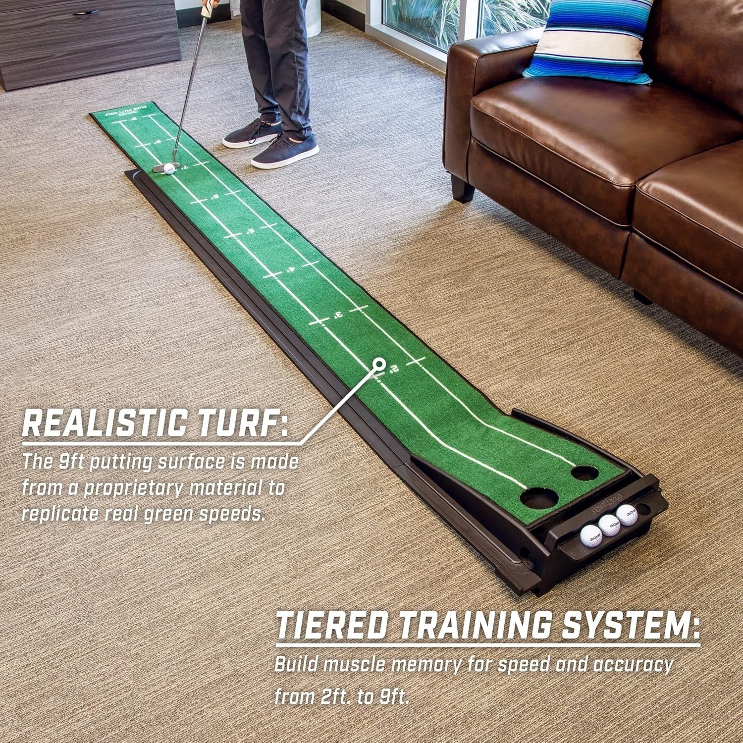 Golf Putting Mat 9ft Automatic Ball Return Indoor Practice Green Set