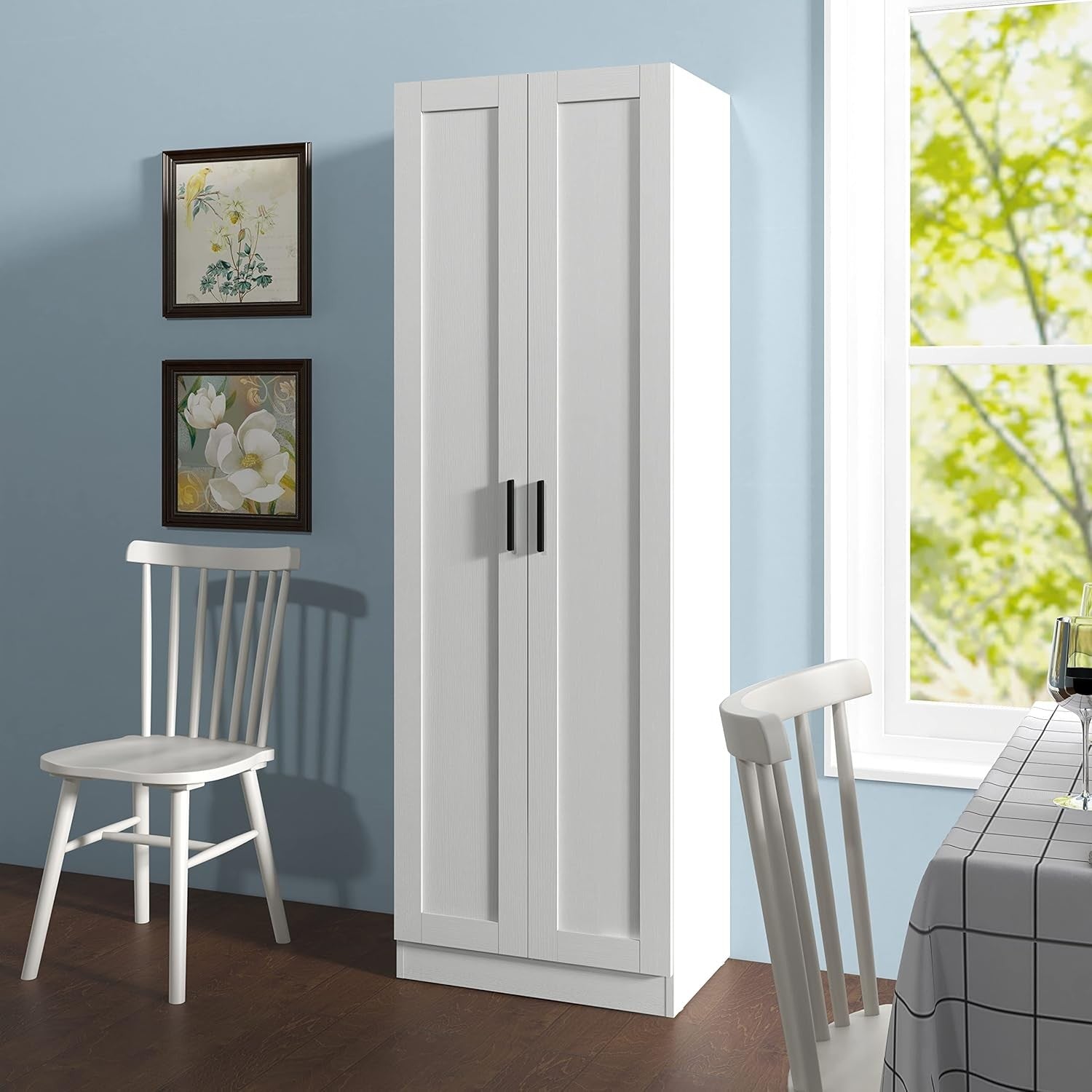 Tall White Storage Cupboard 2 Door Wooden Cabinet with Adjustable Shelves