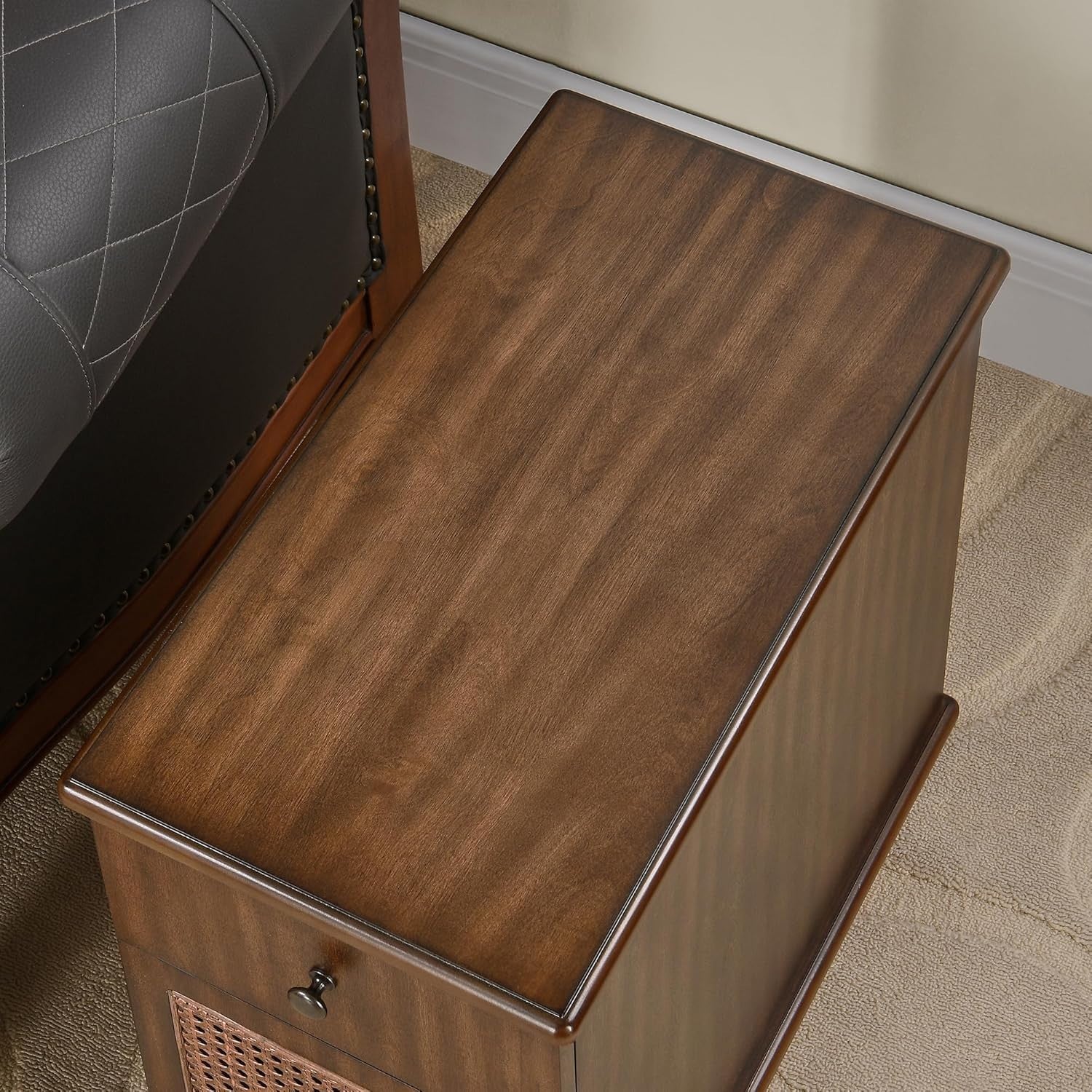 Solid Wood Walnut End Table with Drawer & Cabinet – Vintage Slim Bedside Table