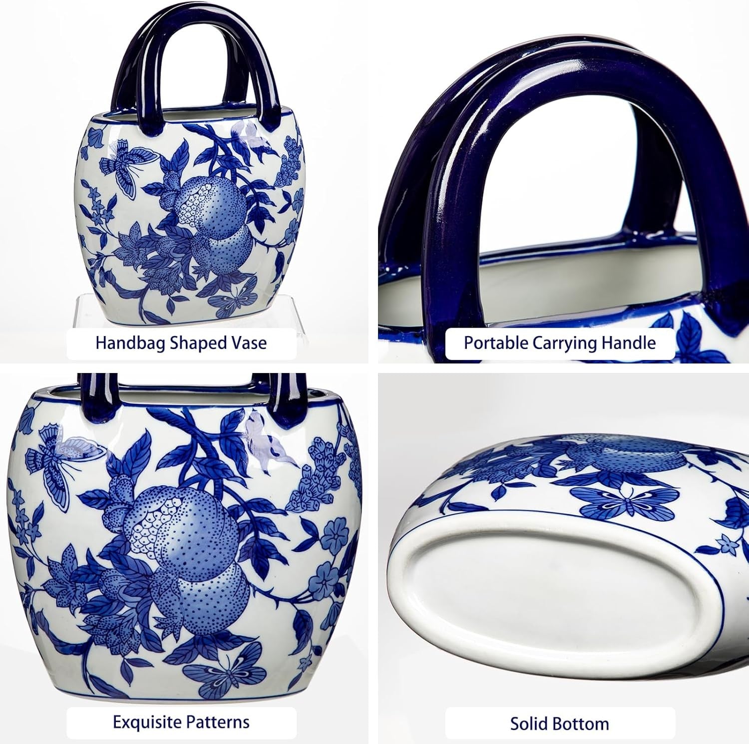 Blue White Ceramic Flower Vase Handbag Style Chinoiserie Table Decor 27cm