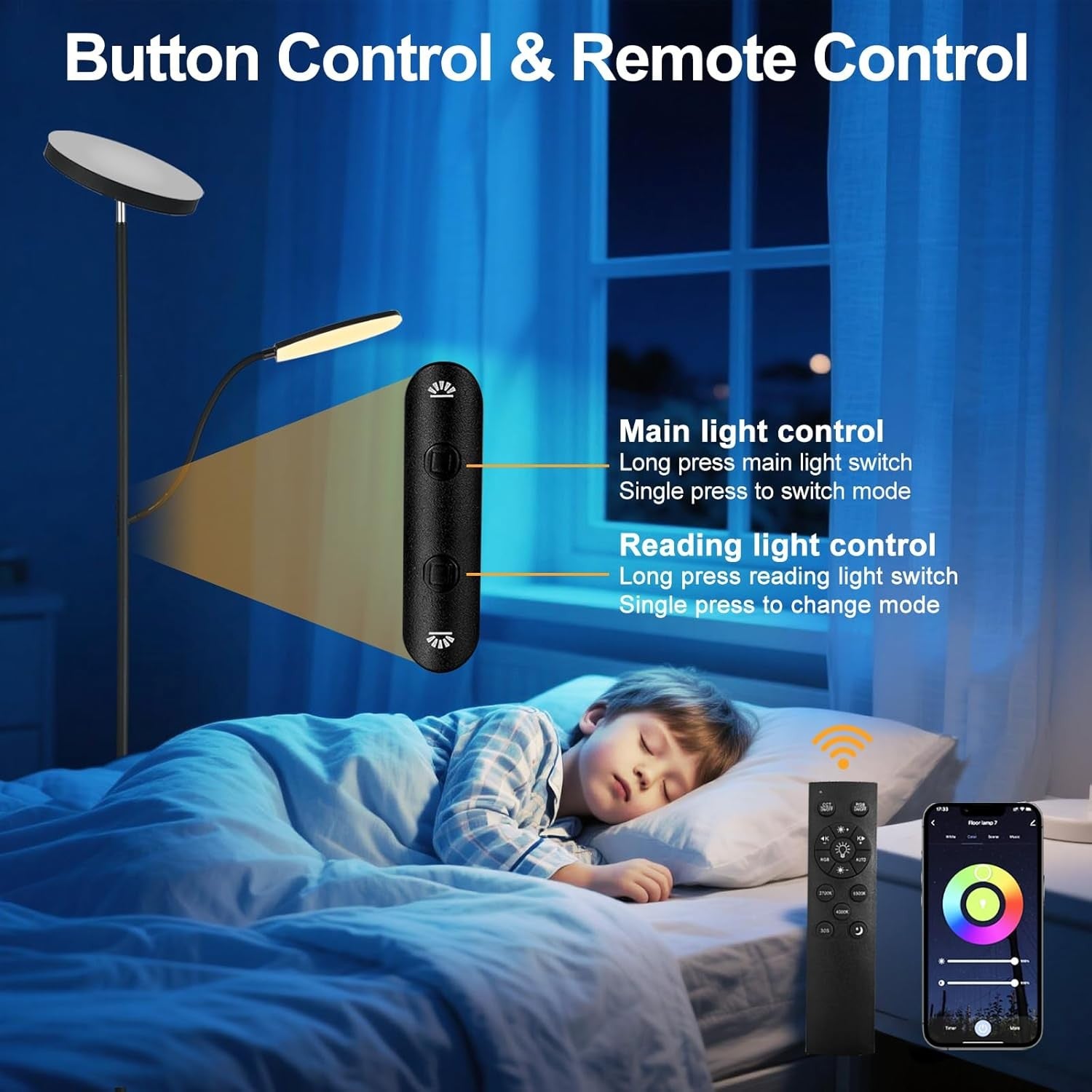 RGB LED Floor Lamp 36W 3000LM Dimmable Torchier with Reading Light