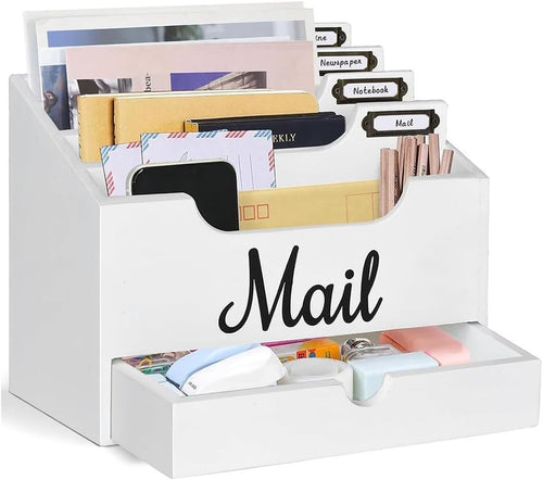Wood Desktop Mail Organizer with Drawer 4 Compartment File Holder
