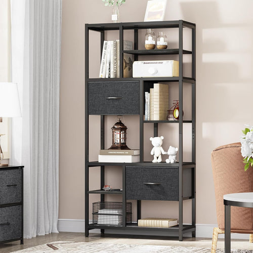 7-Tier Black Industrial Bookshelf with Drawers, Tall Storage Display Unit