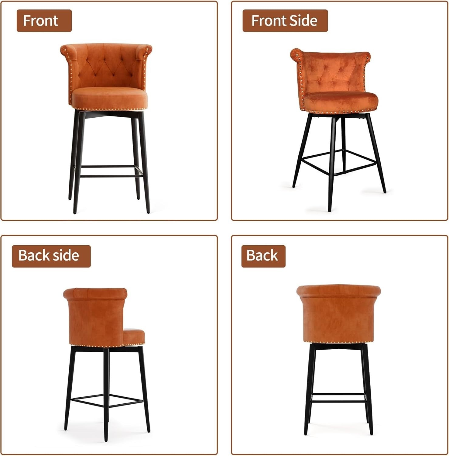 Swivel Bar Stools Set of 2 | Orange PU Leather L-Shaped Counter Chairs