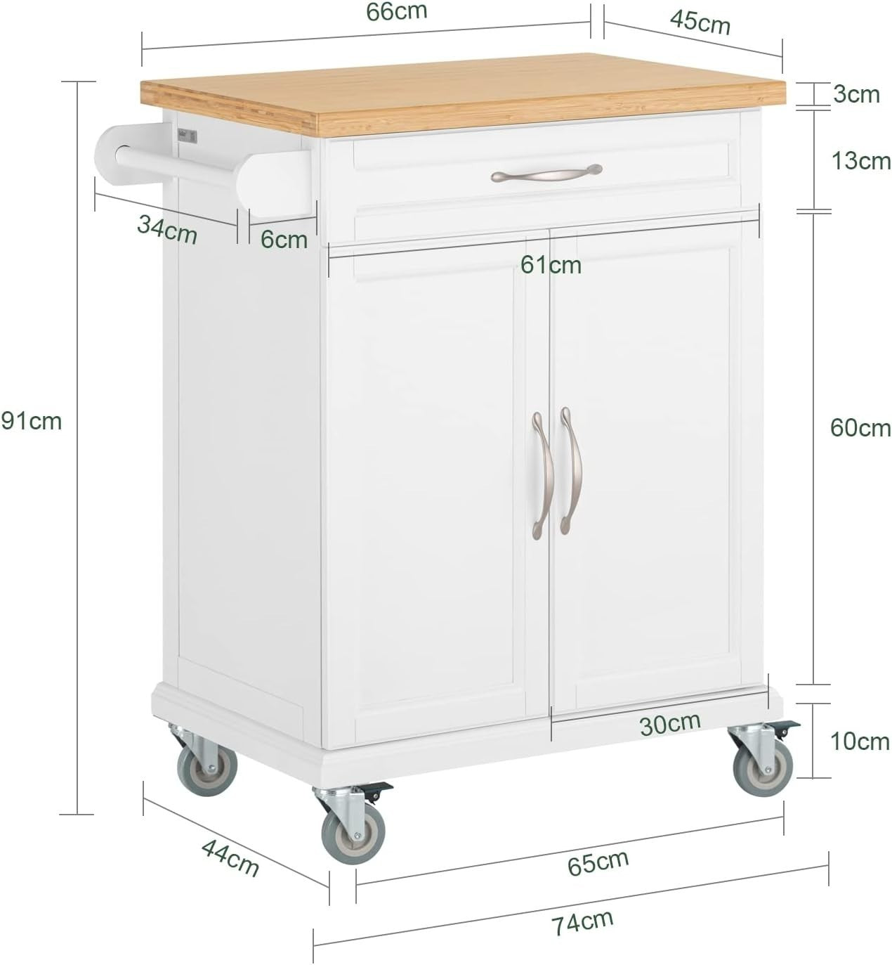 White Kitchen Trolley Bamboo Worktop Storage Cabinet Cart