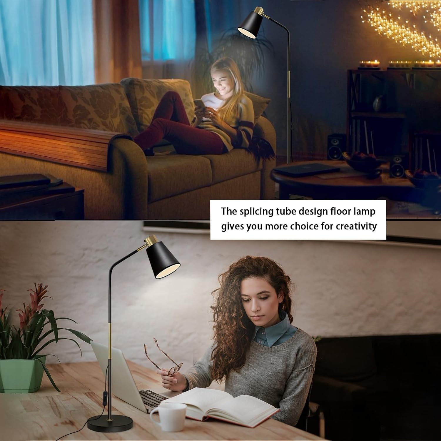 Industrial Floor Lamp Adjustable Metal Head Standing Reading Light Black