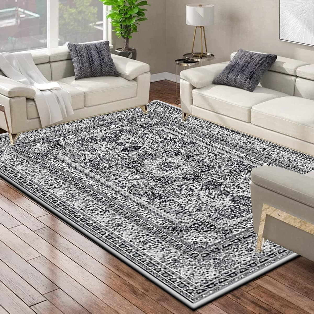 Grey Traditional Area Rug 160x230cm Soft Low Pile Classic Living Room Carpet