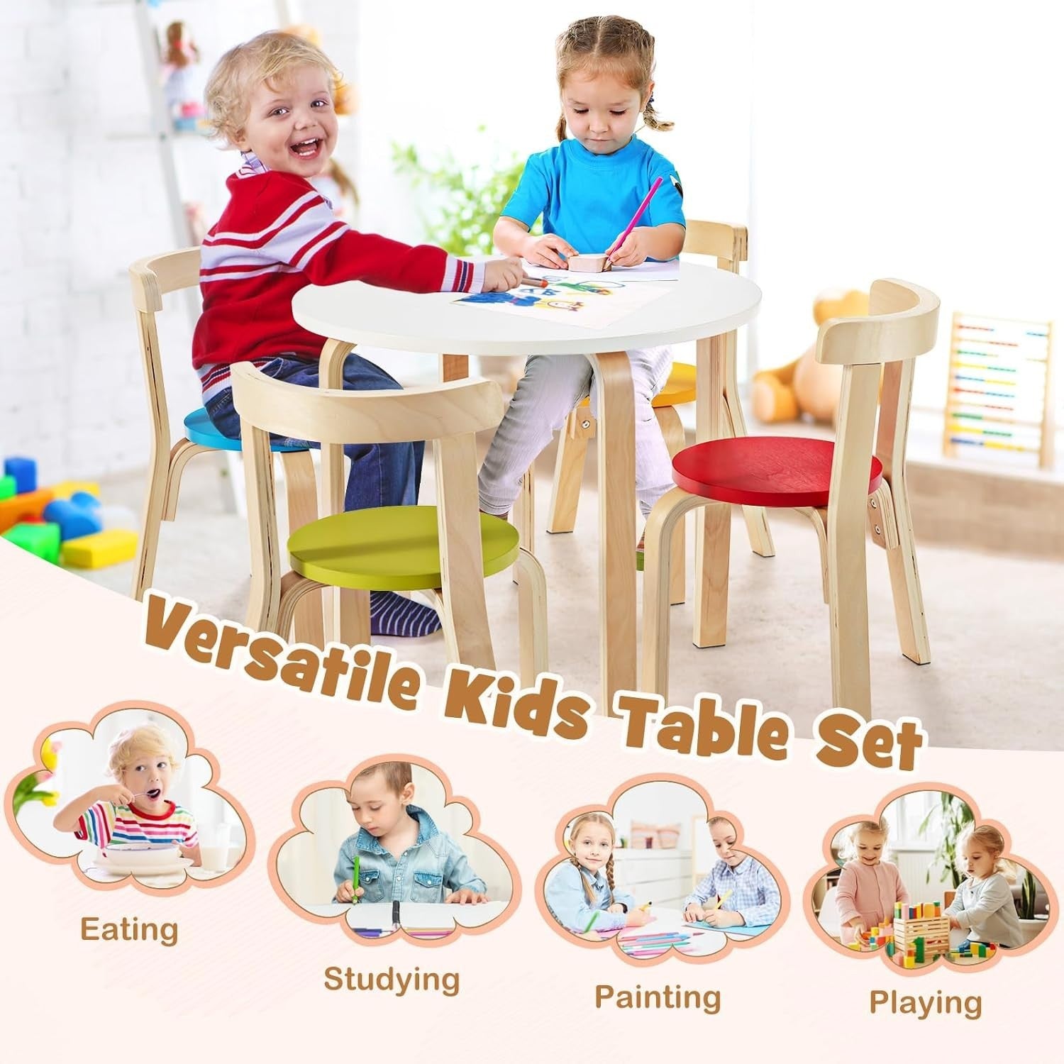 Kids Wooden Table & 4 Chairs Set Bright Colors Activity Desk for Playroom