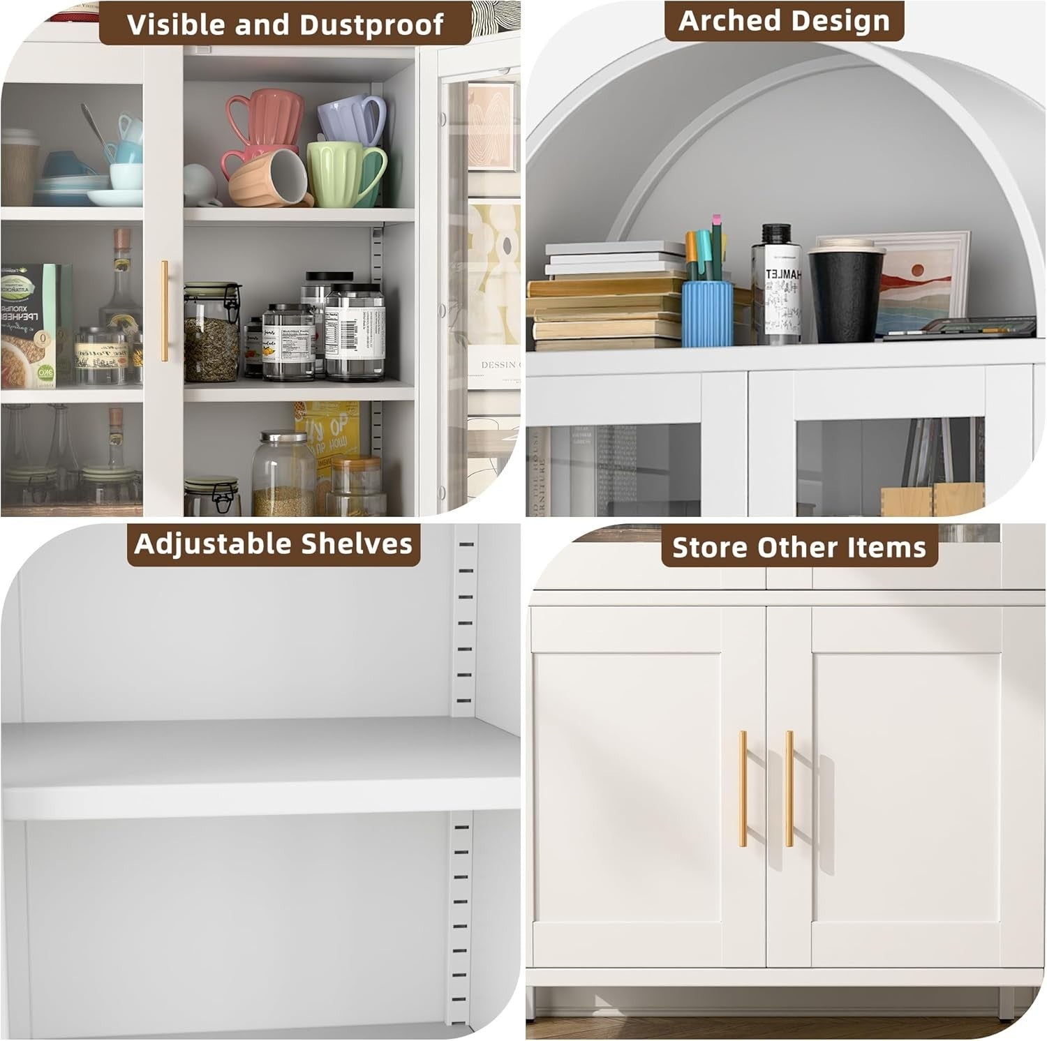 Tall White Kitchen Pantry Cabinet Glass Doors Metal Storage 185cm Modern