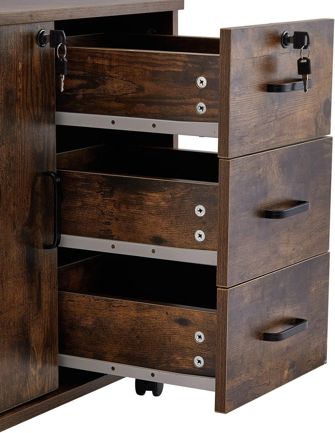 Brown Mobile File Cabinet 60cm Lockable Printer Stand Storage