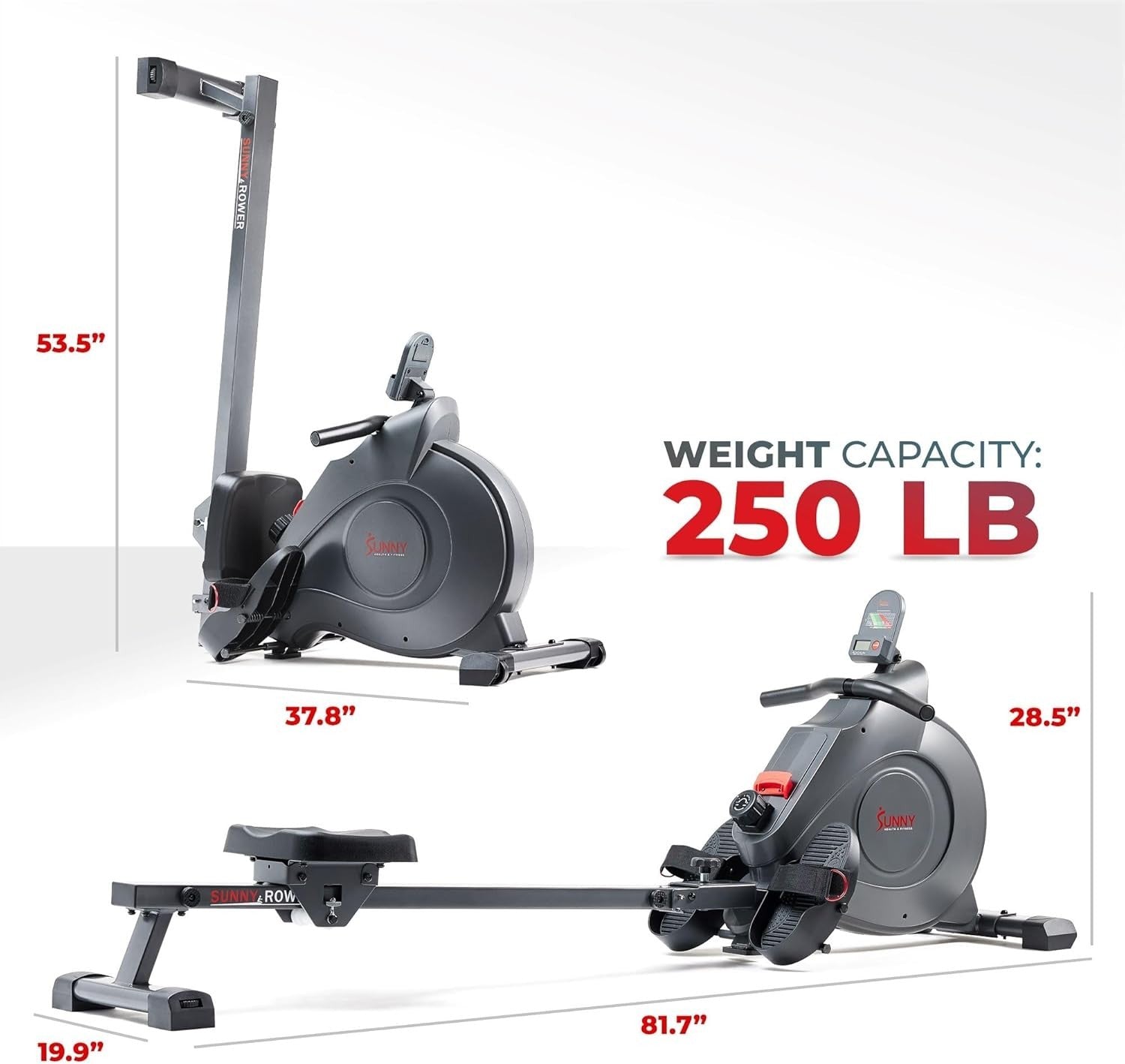 Smart Magnetic Rowing Machine 8-Level Quiet Rower LCD App Long Rail 250lb