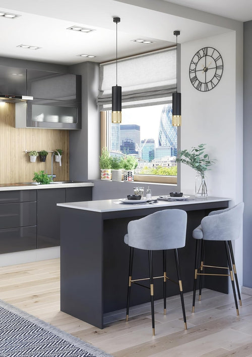 Graphite & Marble Kitchen Island with Breakfast Bar, Open Shelves & Storage