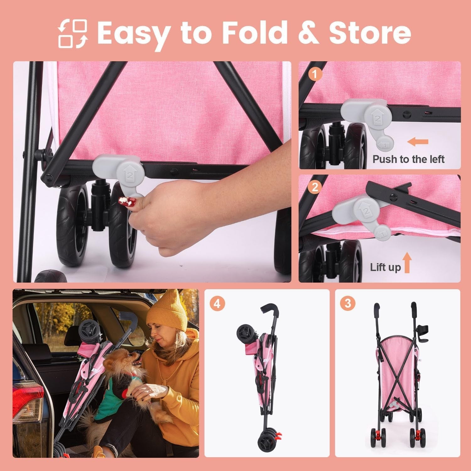 3 in 1 Pet Stroller Folding Dog Cat Pushchair 4 Wheel Travel Pram Pink
