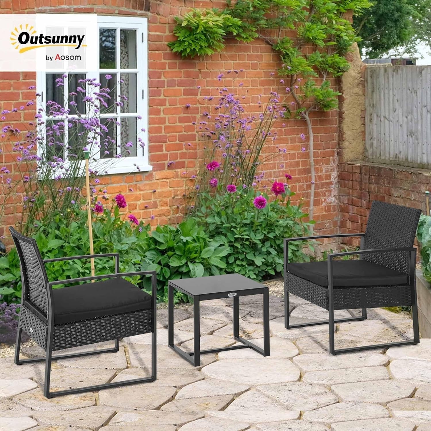 Black Rattan Patio Bistro Set 3PC Cushioned Chairs Glass Coffee Table