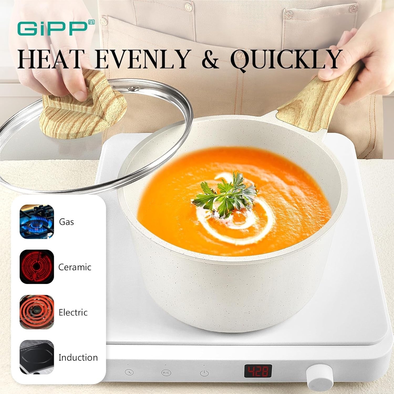 10Pcs White Ceramic Non Stick Cookware Set with Glass Lids, Induction & Gas Safe