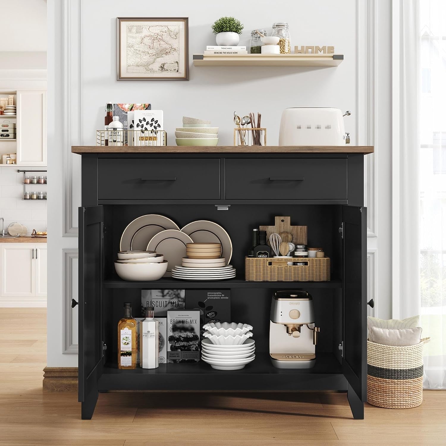 Black Sideboard Cabinet 2 Door 2 Drawer Freestanding Storage 91cm
