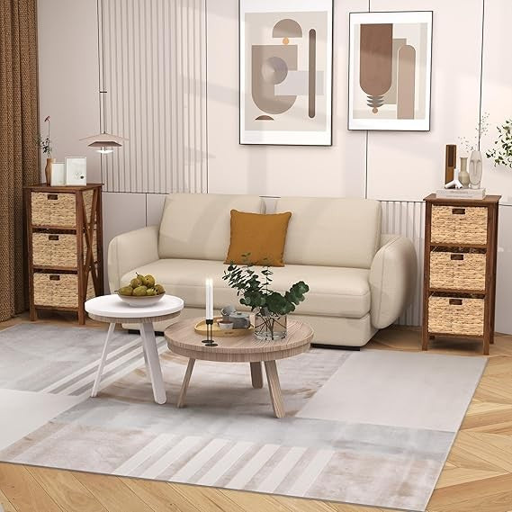 2x Walnut 3-Tier Bedside Tables with Seagrass Baskets | Rustic Tall Nightstands