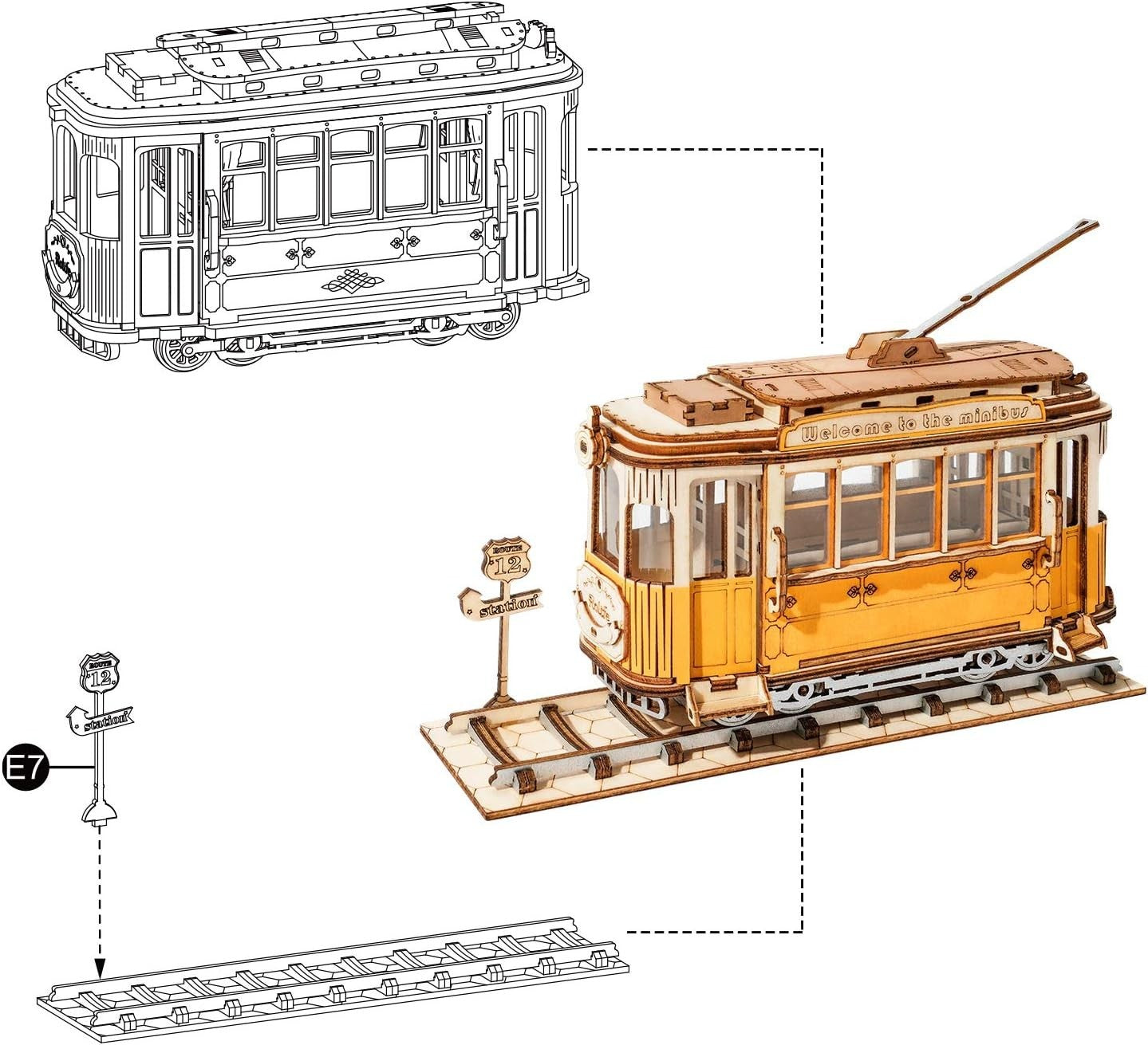 3D Wooden Tramcar Puzzle Kit for Adults – Retro Model Build Gift Toy