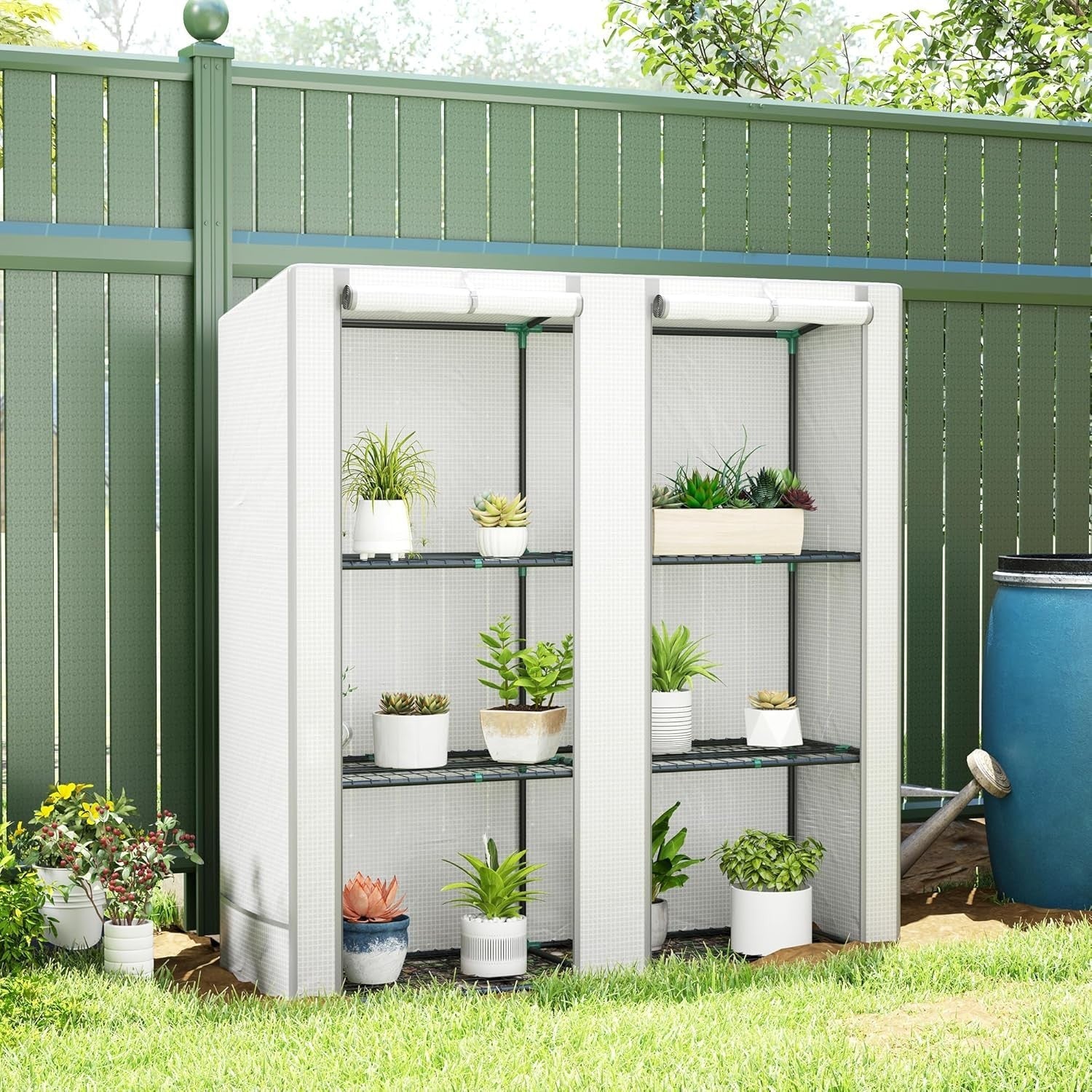 3 Tier Lean-To Mini Greenhouse Reinforced PE Cover Roll-Up Door Grey