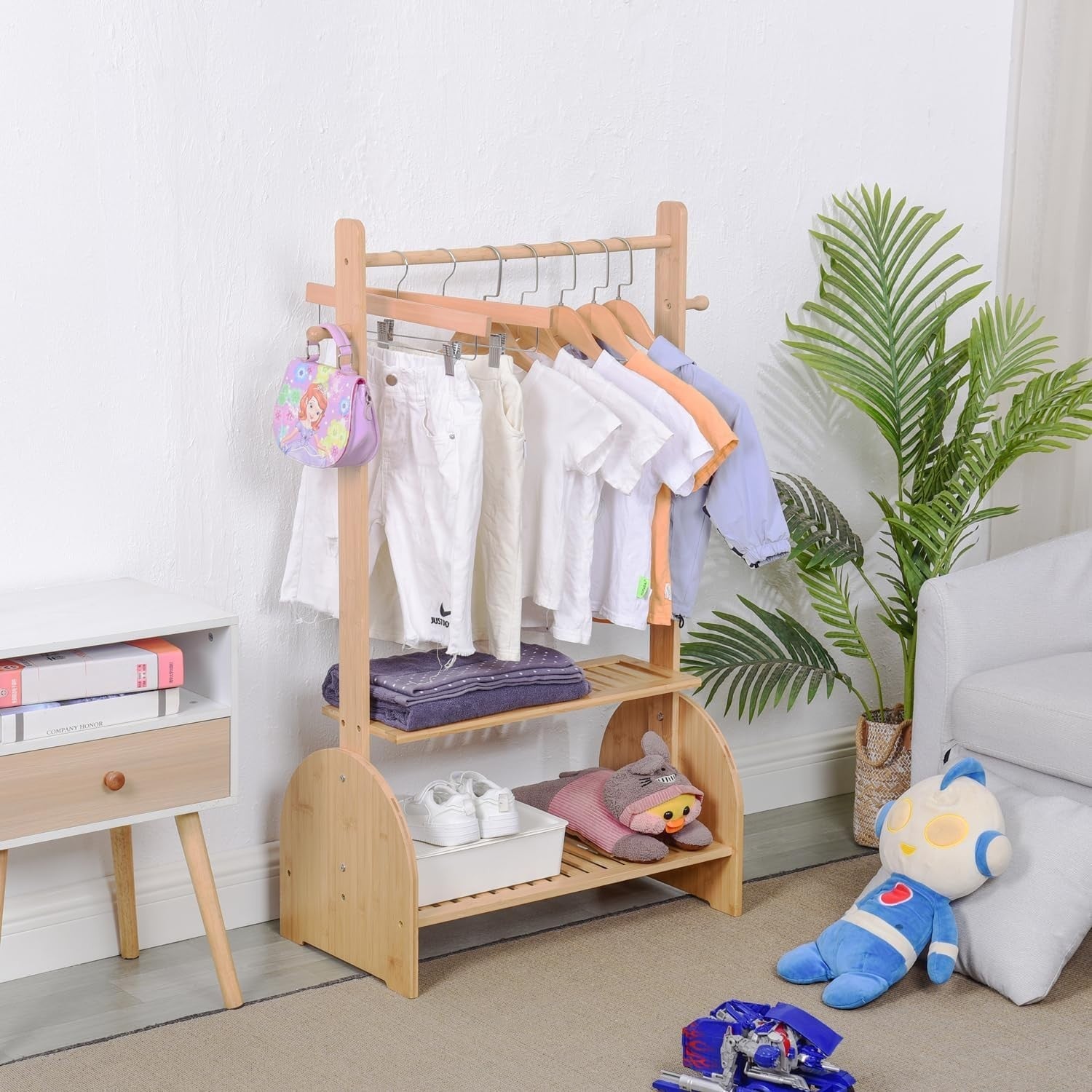 Kids Bamboo Clothing Rack with Adjustable Rods , Free-Standing Wardrobe