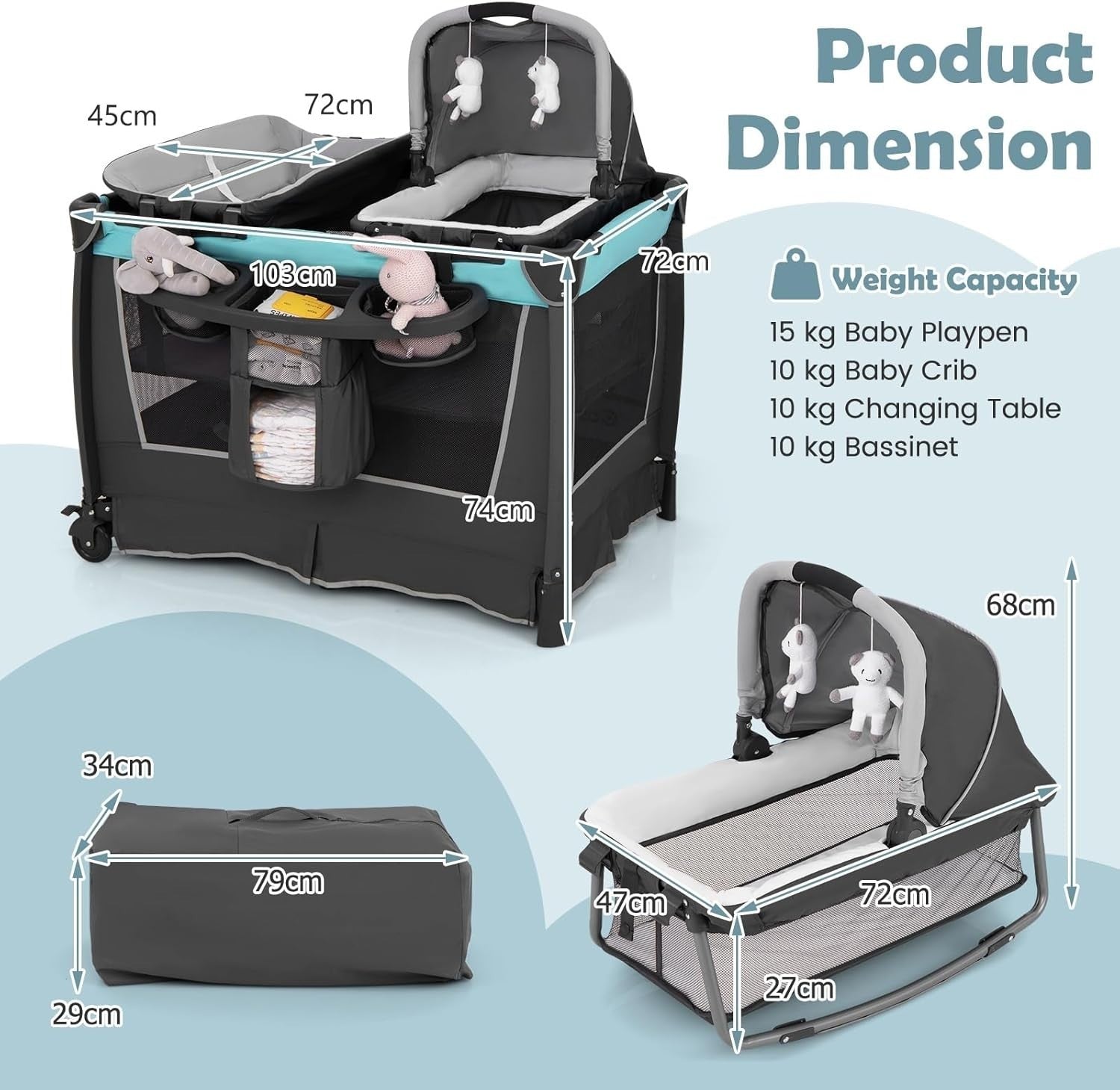 4in1 Baby Travel Cot with Bassinet Changing Table Playpen Wheels & Storage