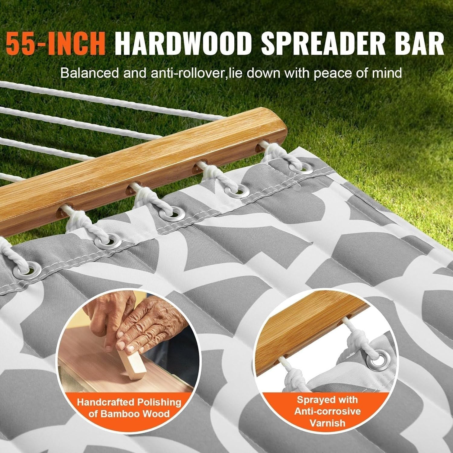 Luxury Double Hammock with Pillow – Quilted Fabric, Hardwood Spreaders, 480lb