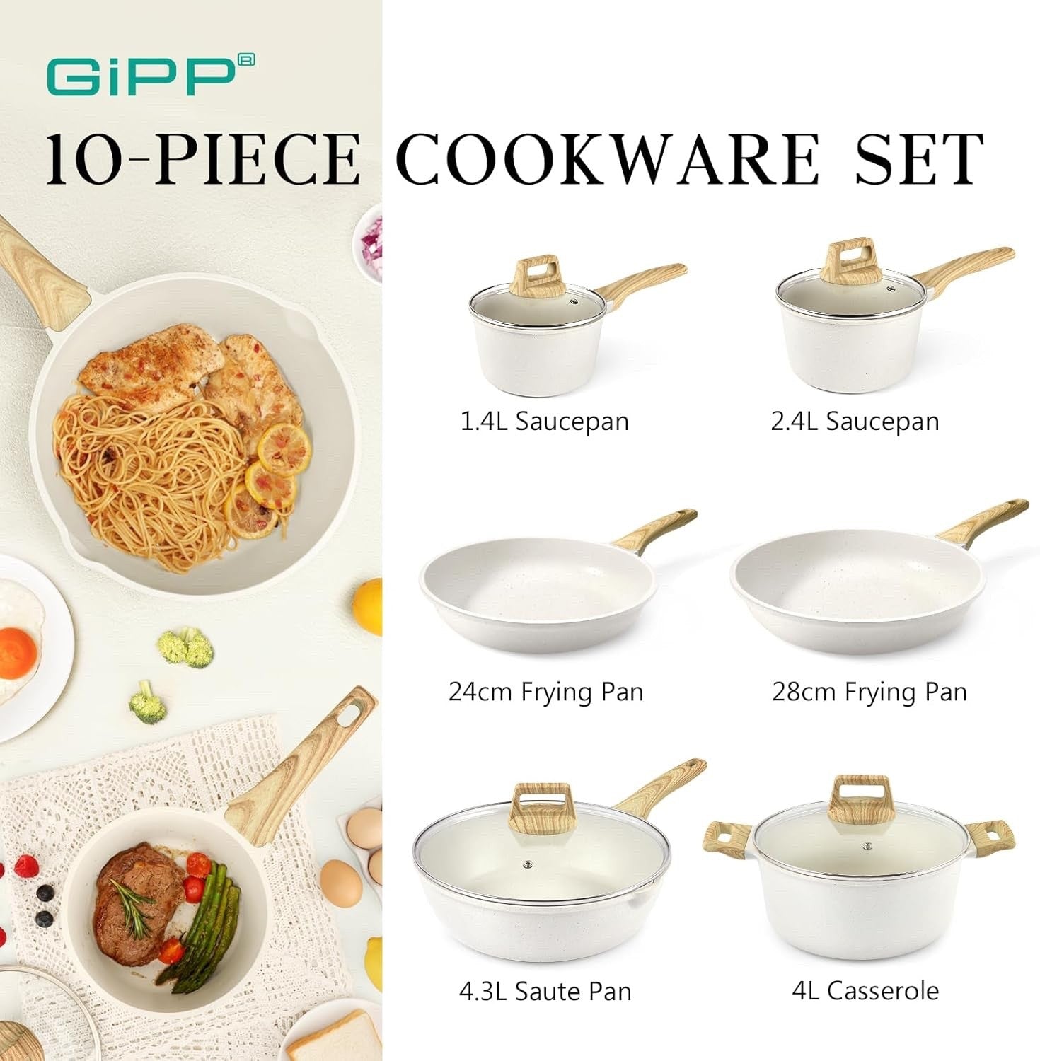 10pcs White Granite Non Stick Induction Safe Cookware Set Ceramic Pots Pans