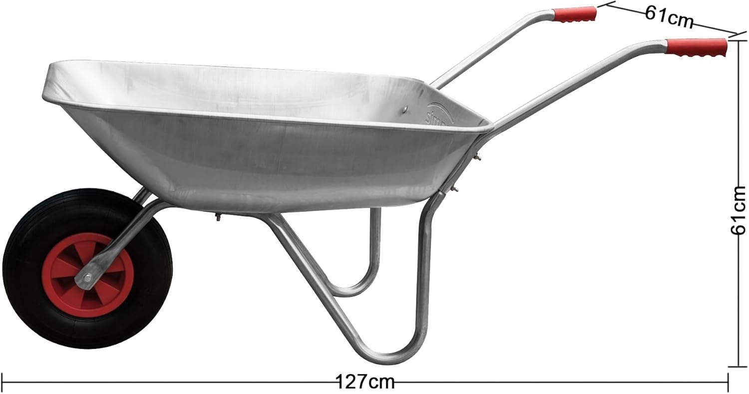 65L Galvanised Wheelbarrow – Steel Tub w/ Pneumatic Tyre & Red Handles 60kg