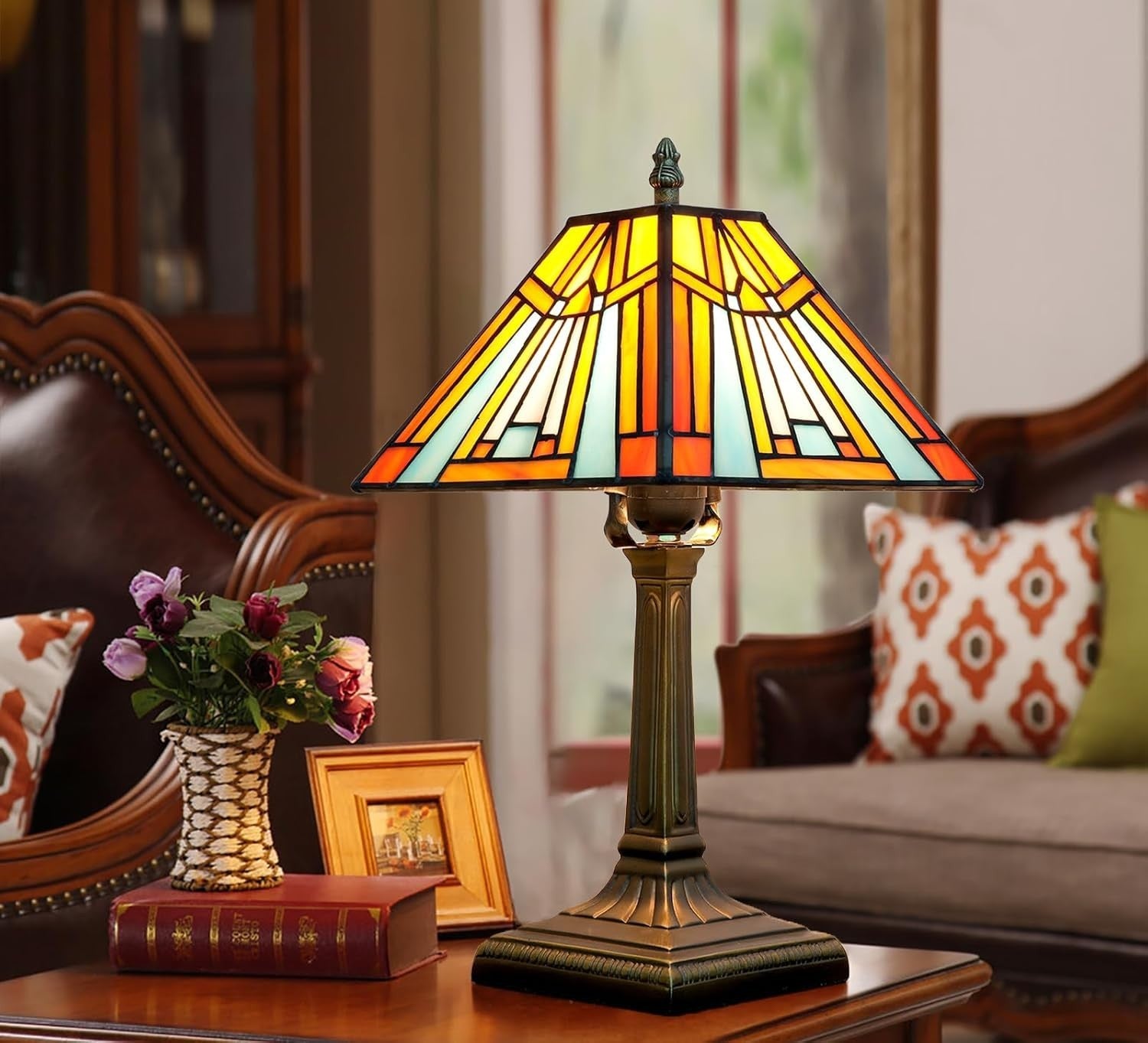Amber Stained Glass Table Lamp Tiffany Style Bedside Light for Reading