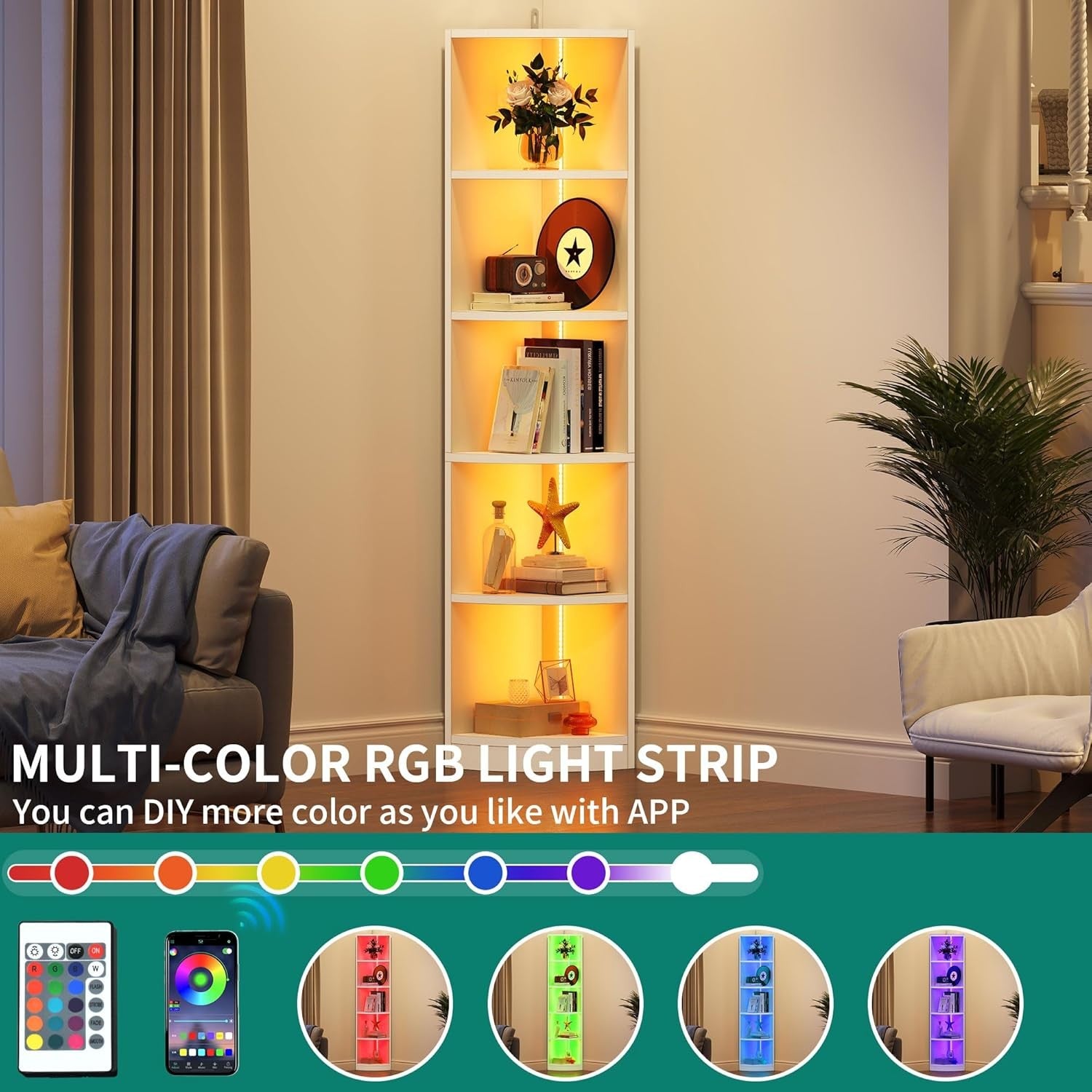 5-Tier LED Corner Bookshelf – Modern Tall Display Unit with Bluetooth & Storage