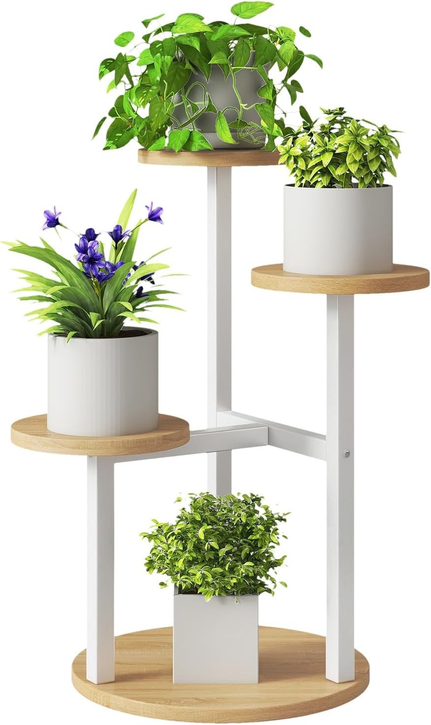 4 Tier White Metal Wood Plant Stand | Modern Corner Flower Pot Display Shelf