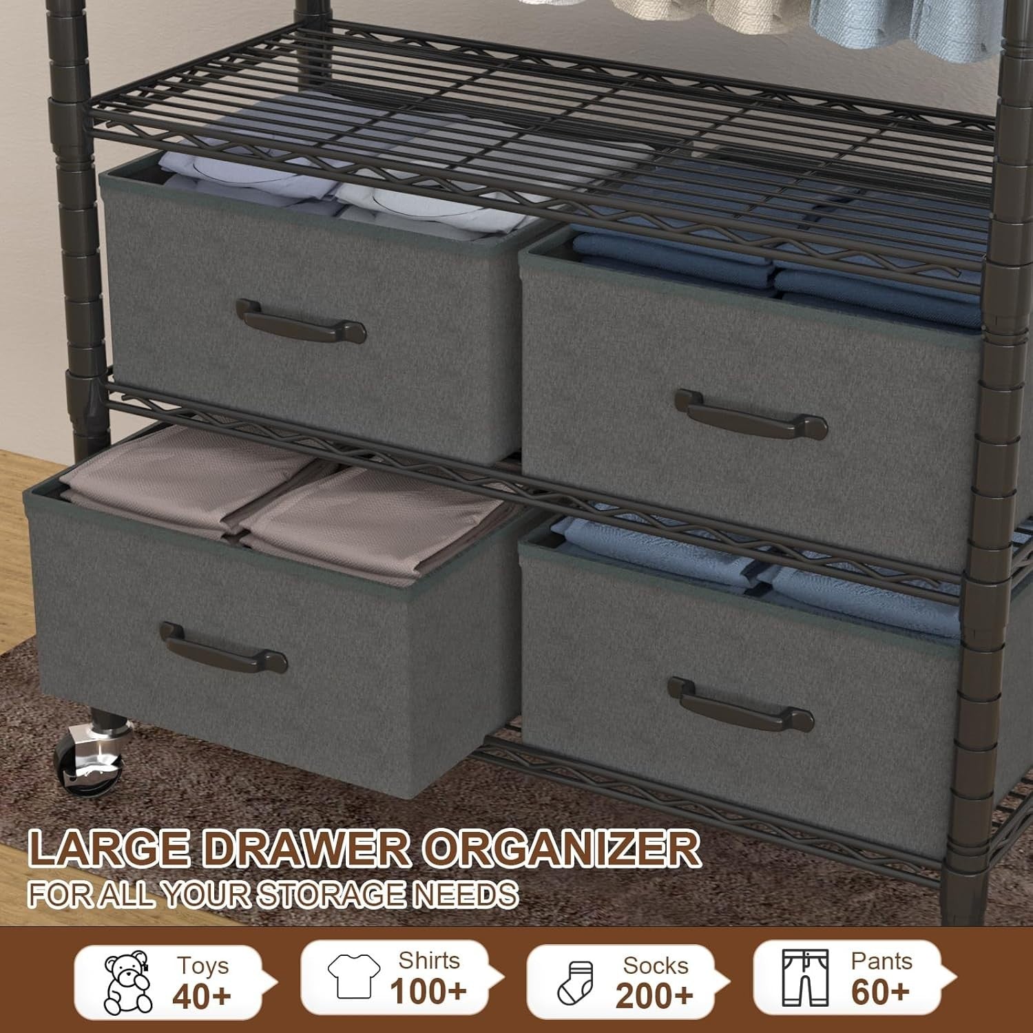 4-Tier Heavy Duty Clothes Rail with Drawers & Hooks – Black 90×40×189cm (S)