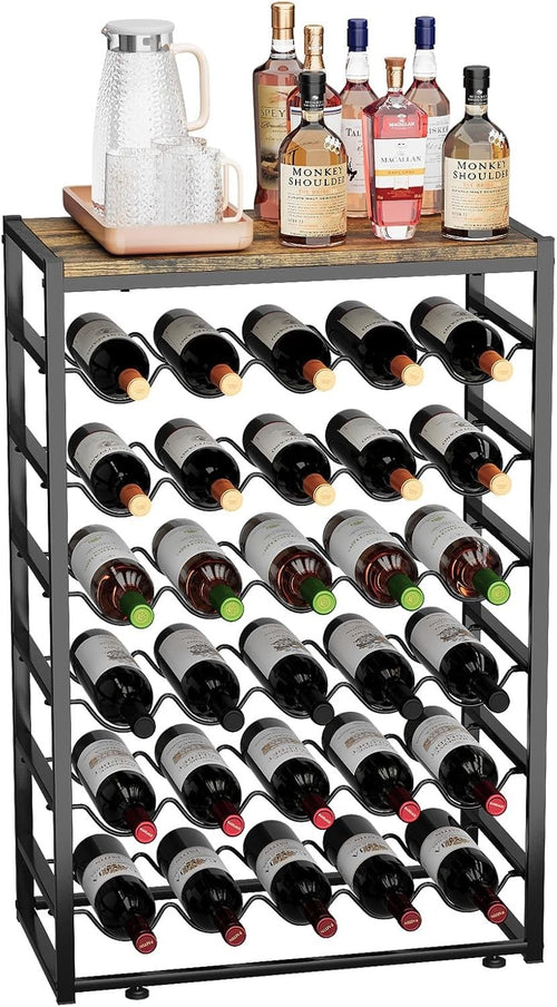 6-Tier Wine Rack for 30 Bottles with Wooden Top & Glass Holder