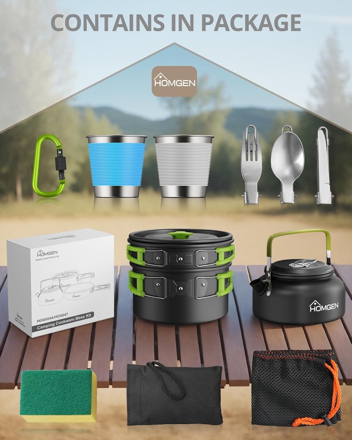 Green Camping Cookware Set with Pot Frying Pan, Kettle & Utensils for 2–3 People